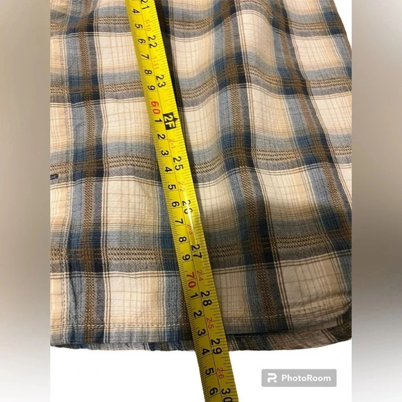 Horny Toad Button Up Shirt Mens XL Organic Cotton Beige Blue Plaid Chore - Picture 7 of 7